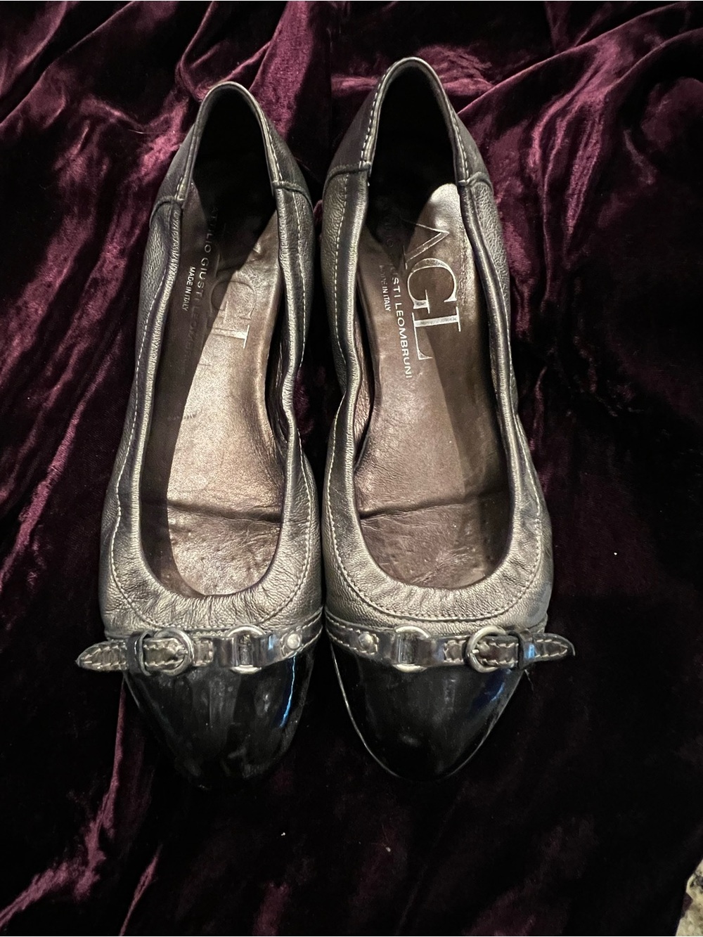 AGL copper colored leather flats with black patent toes, size 39.5